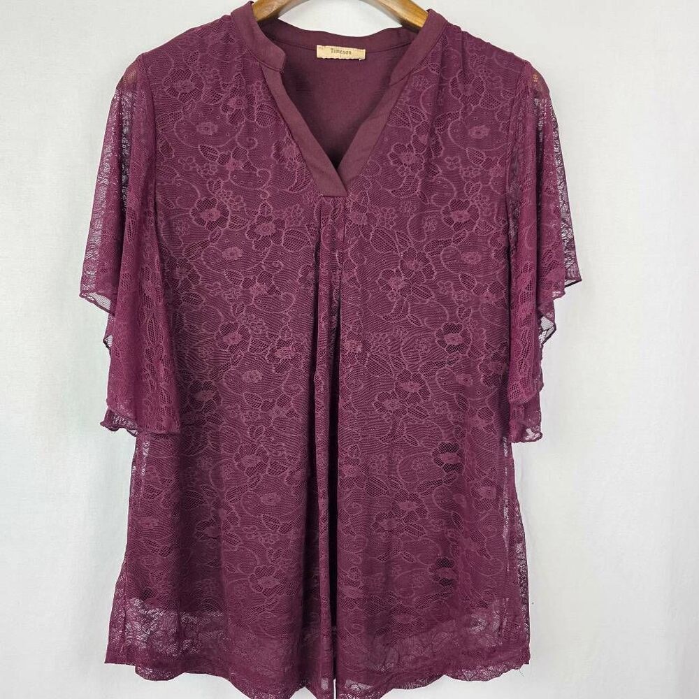 Timeson Lace Blouse Purple Flutter Sleeve Top L